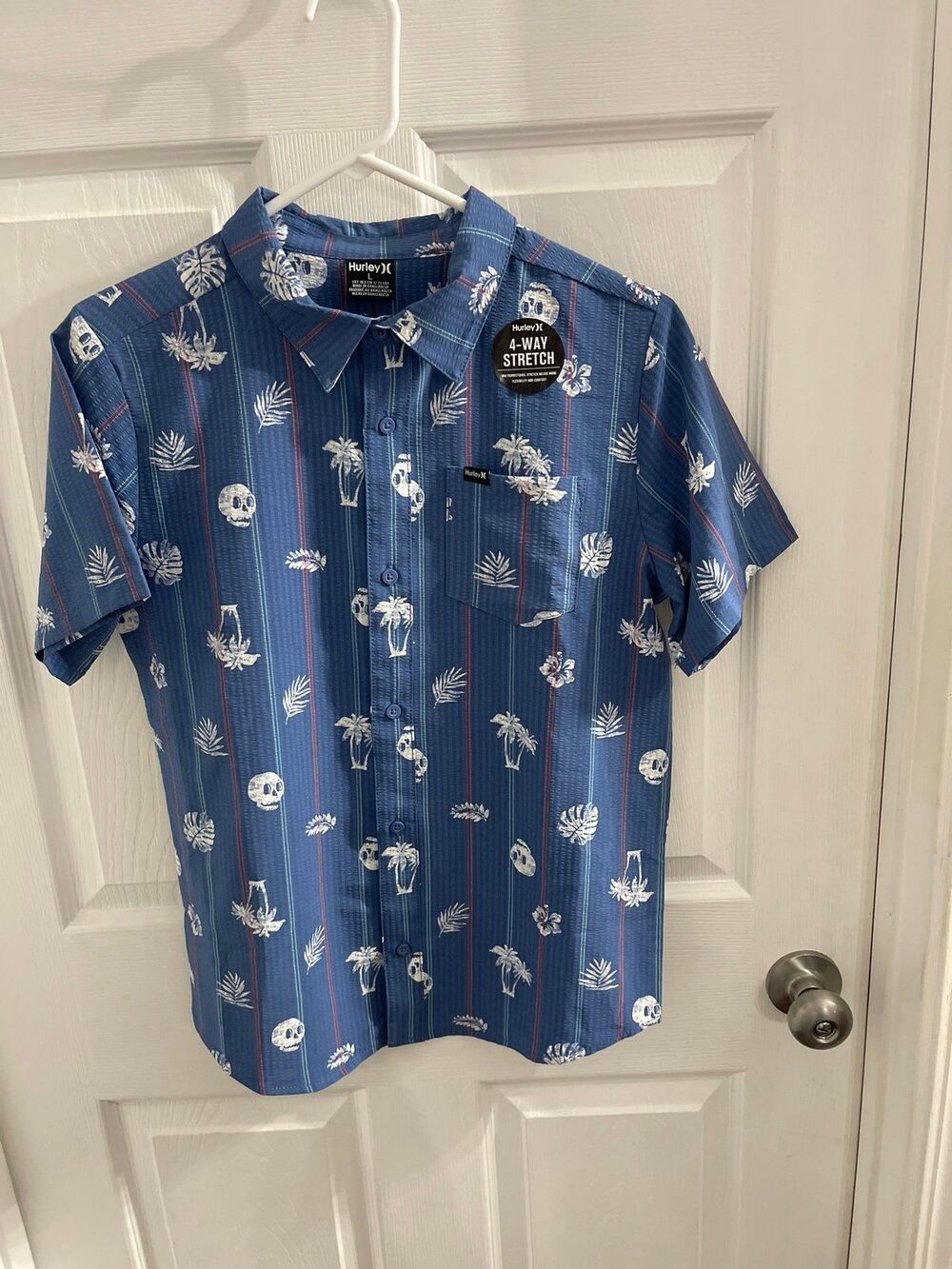 Hurley Palm and Skull Print Woven Shirt Size L Blue New With Tags